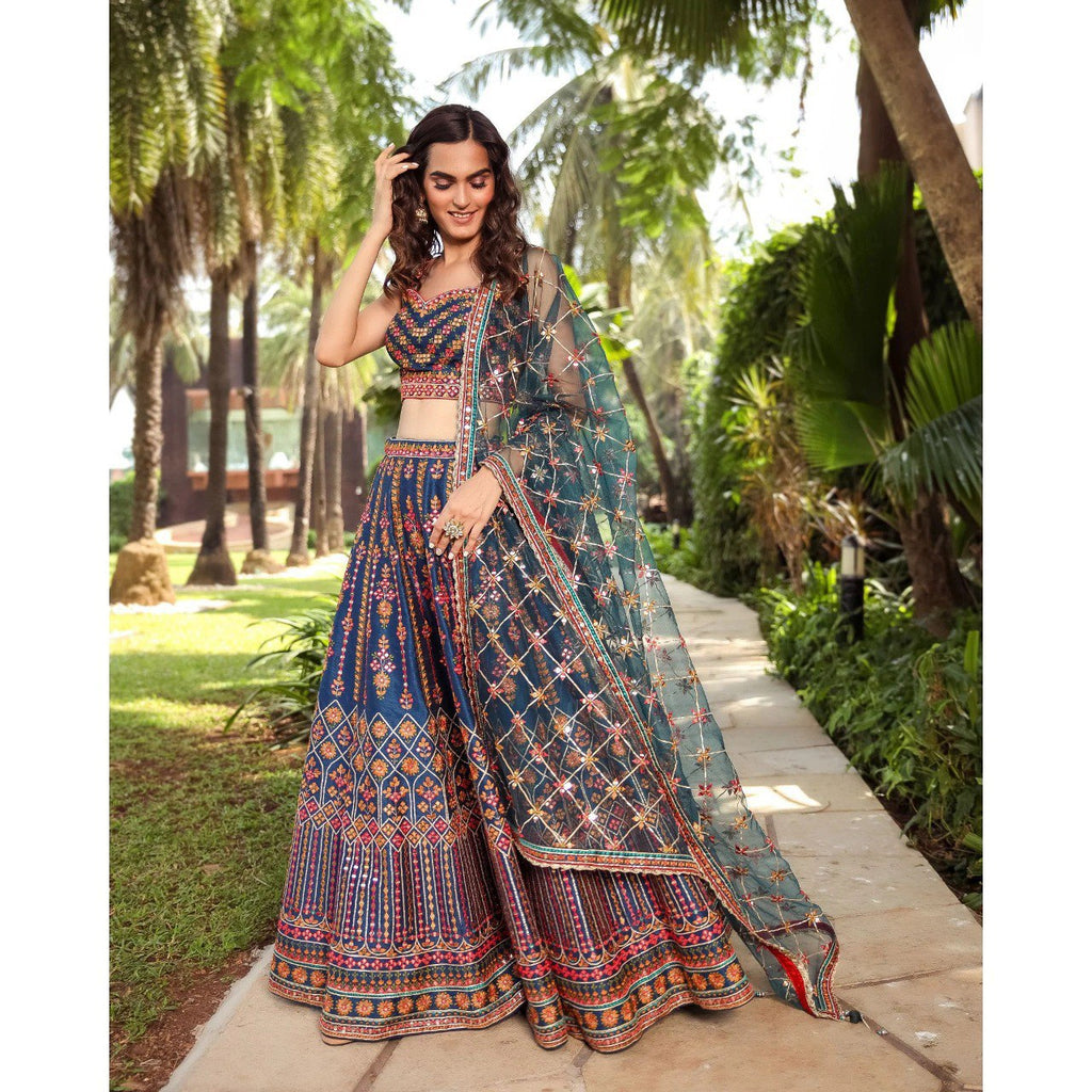 Stunning Blue Chinon Lehenga Choli with Multicolor Thread & Sequin Work ClothsVilla