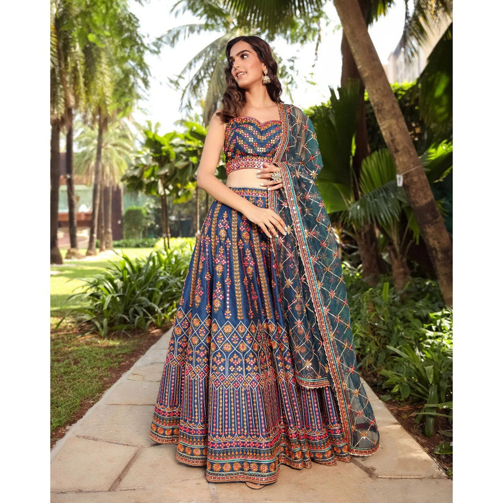 Stunning Blue Chinon Lehenga Choli with Multicolor Thread & Sequin Work ClothsVilla