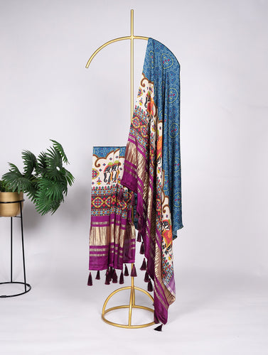 Stunning Blue Gaji Silk Bandhej Dupatta with Digital Print & Lagadi Patti Work ClothsVilla
