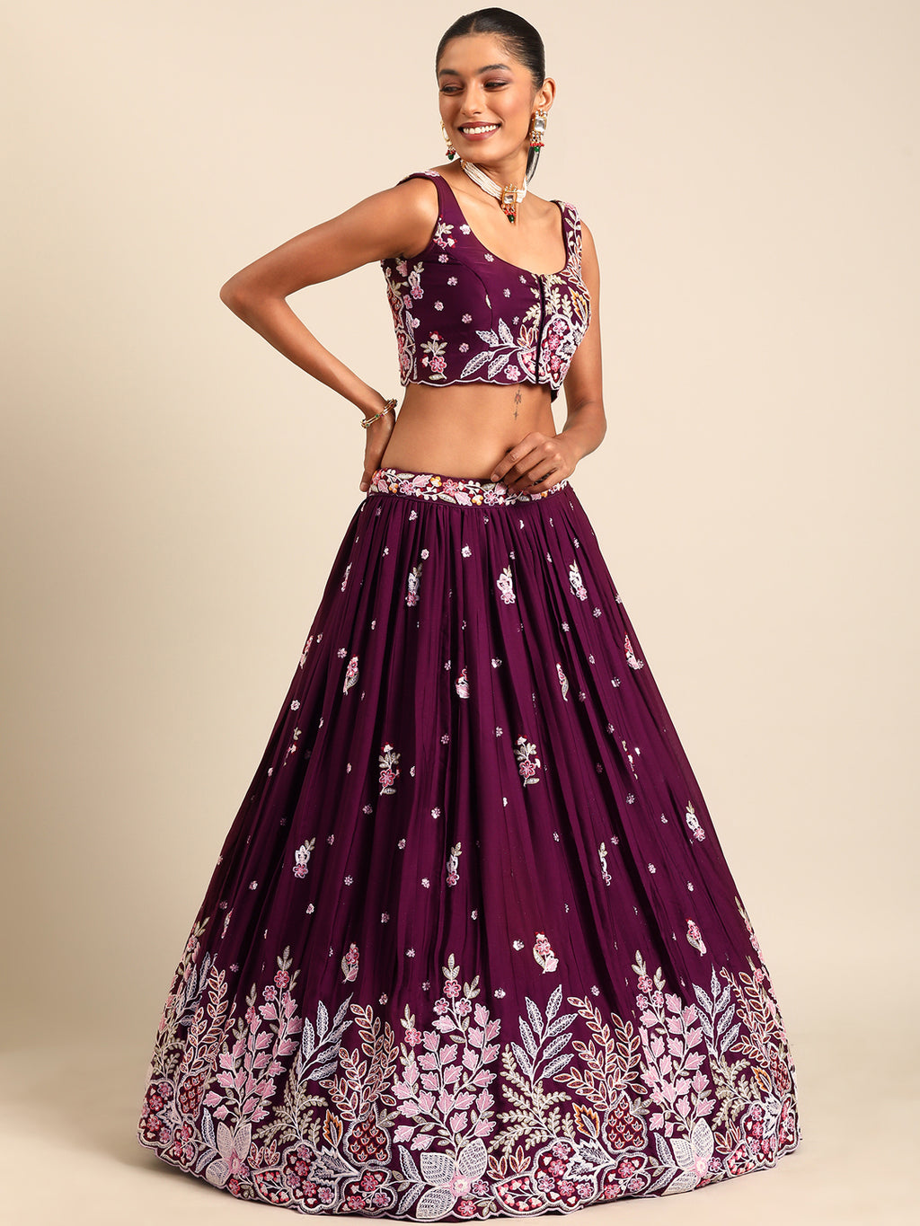 Stunning Burgundy Sequinned Georgette Lehenga Choli Set ClothsVilla