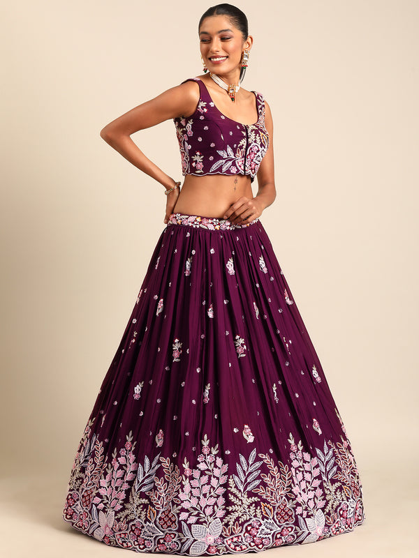 Stunning Burgundy Sequinned Georgette Lehenga Choli Set ClothsVilla