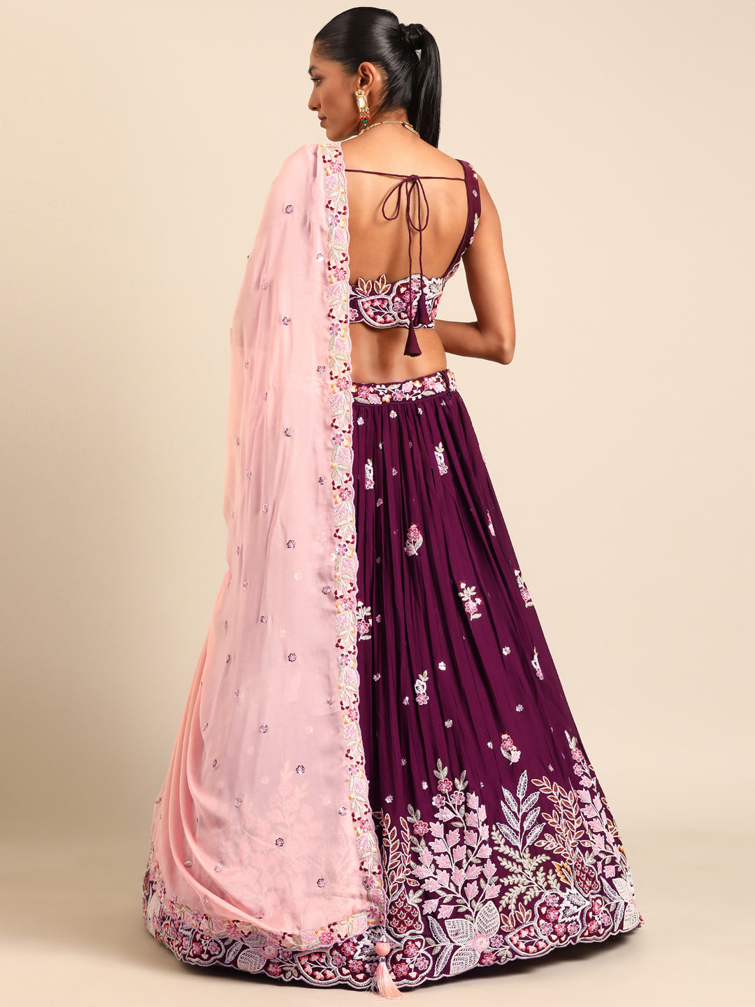 Stunning Burgundy Sequinned Georgette Lehenga Choli Set ClothsVilla