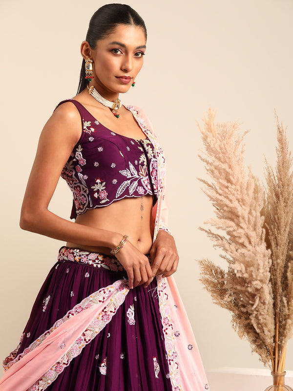 Stunning Burgundy Sequinned Georgette Lehenga Choli Set ClothsVilla