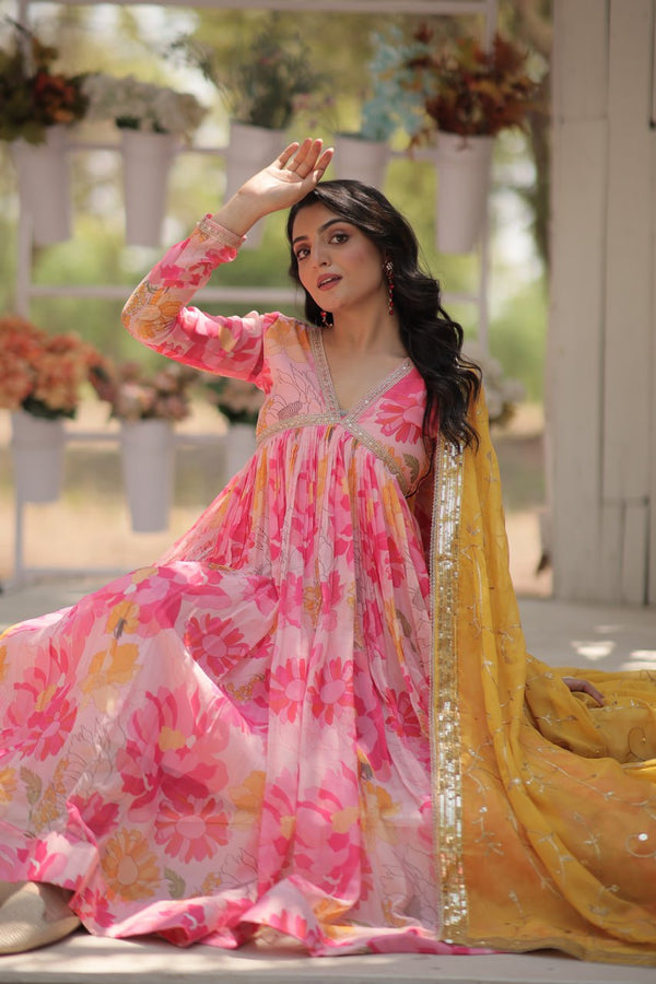 Stunning Digital Printed Russian Silk Pink Dress with Embroidered Dupatta ClothsVilla