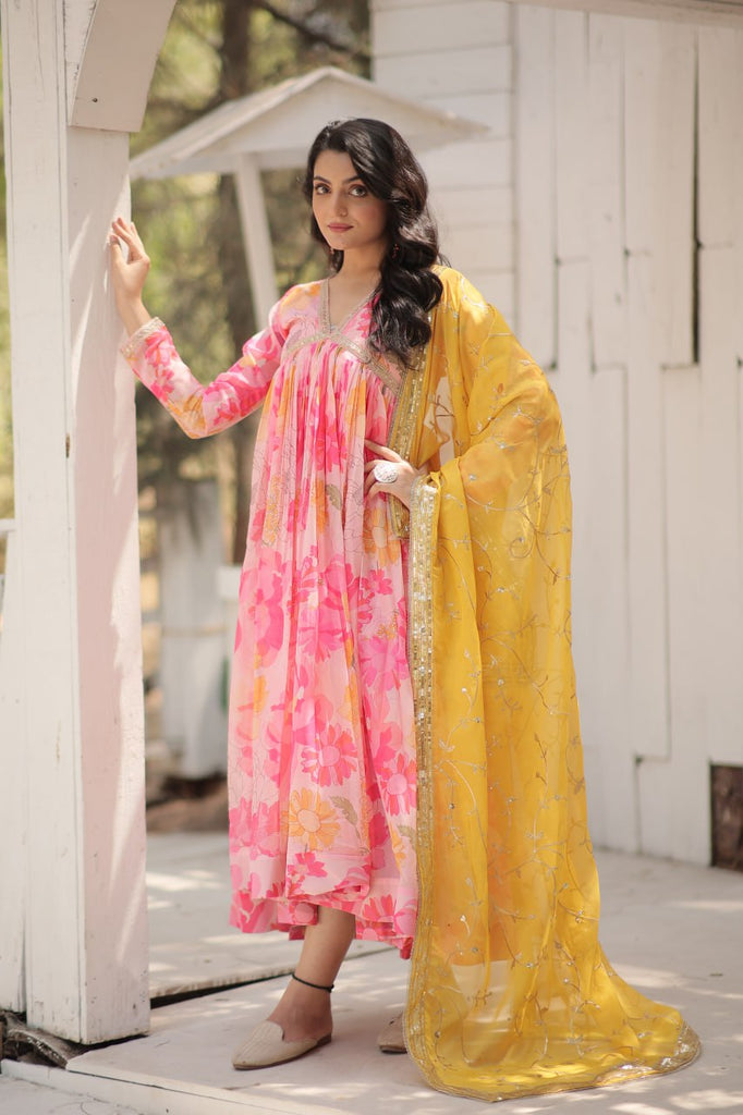 Stunning Digital Printed Russian Silk Pink Dress with Embroidered Dupatta ClothsVilla