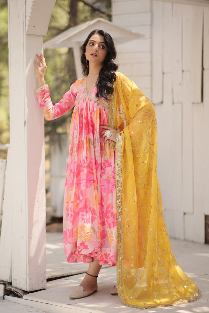 Stunning Digital Printed Russian Silk Pink Dress with Embroidered Dupatta ClothsVilla