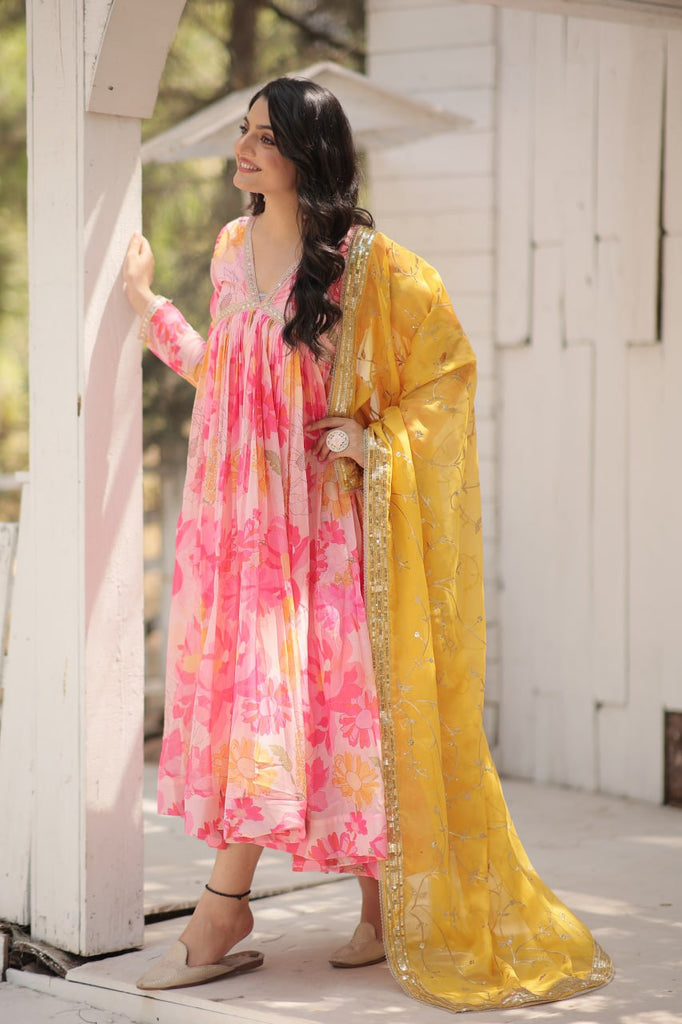 Stunning Digital Printed Russian Silk Pink Dress with Embroidered Dupatta ClothsVilla