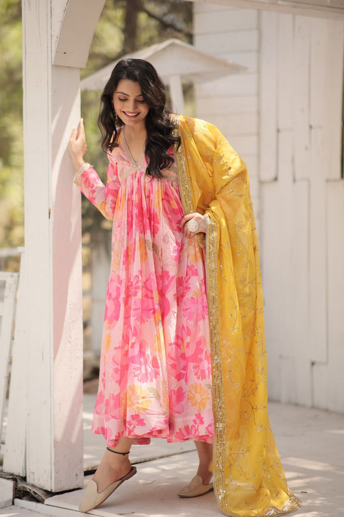 Stunning Digital Printed Russian Silk Pink Dress with Embroidered Dupatta ClothsVilla