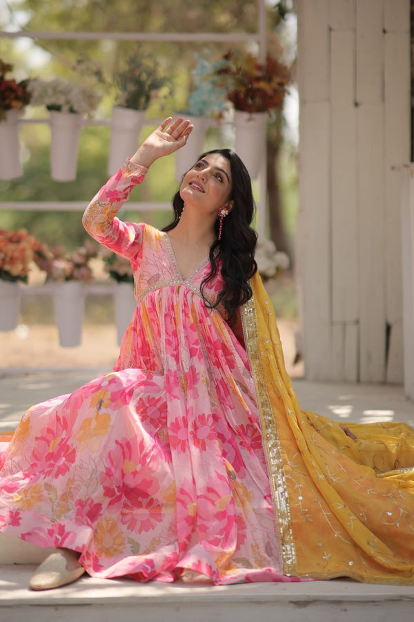Stunning Digital Printed Russian Silk Pink Dress with Embroidered Dupatta ClothsVilla