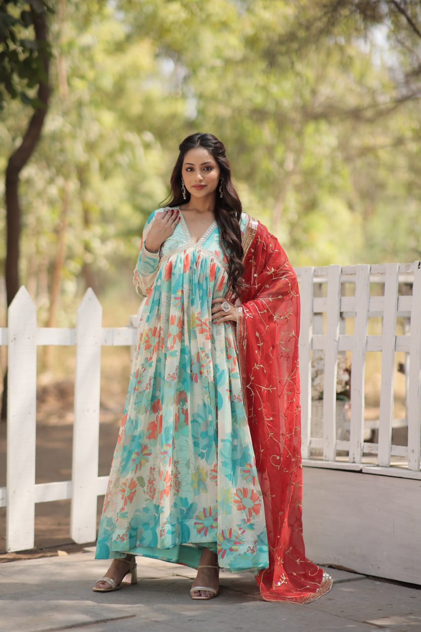 Stunning Digital Printed Russian Silk Sky Blue Dress with Embroidered Dupatta ClothsVilla Main image