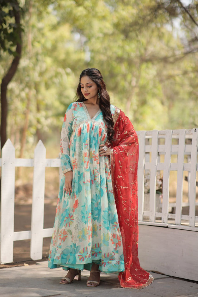 Stunning Digital Printed Russian Silk Sky Blue Dress with Embroidered Dupatta ClothsVilla