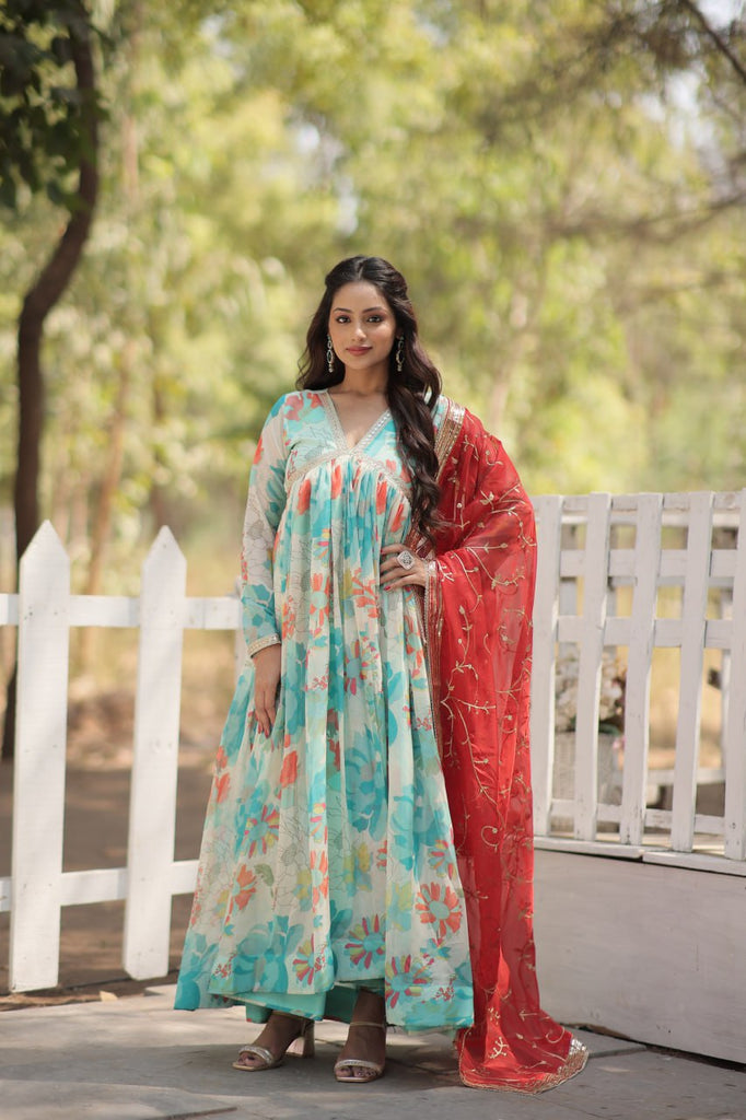 Stunning Digital Printed Russian Silk Sky Blue Dress with Embroidered Dupatta ClothsVilla