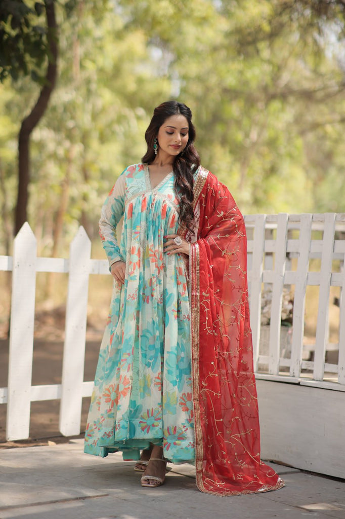 Stunning Digital Printed Russian Silk Sky Blue Dress with Embroidered Dupatta ClothsVilla