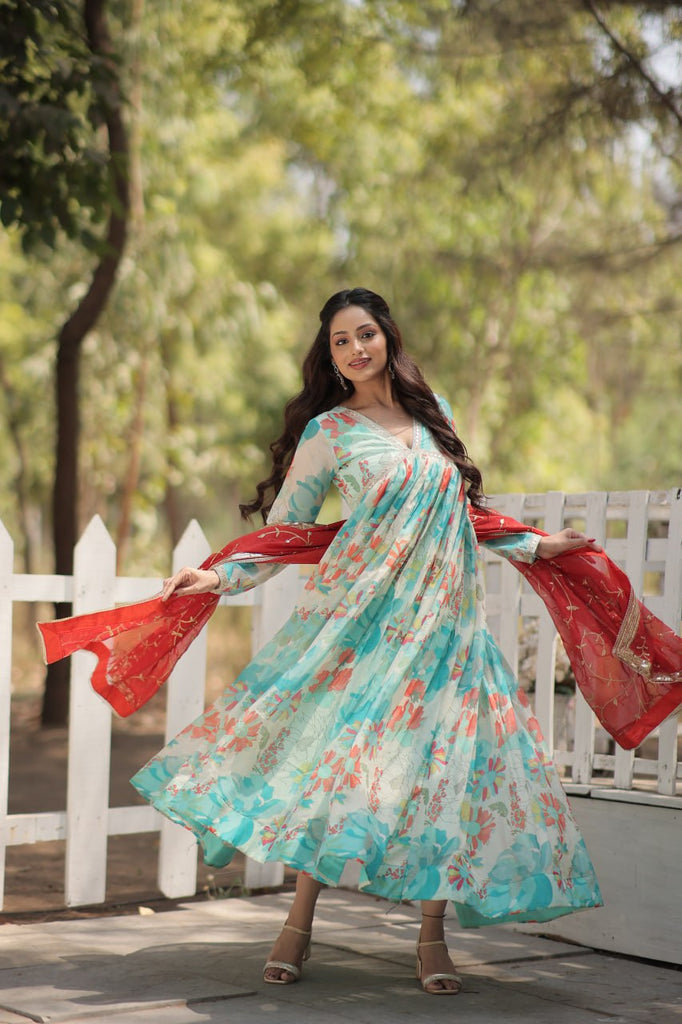 Stunning Digital Printed Russian Silk Sky Blue Dress with Embroidered Dupatta ClothsVilla