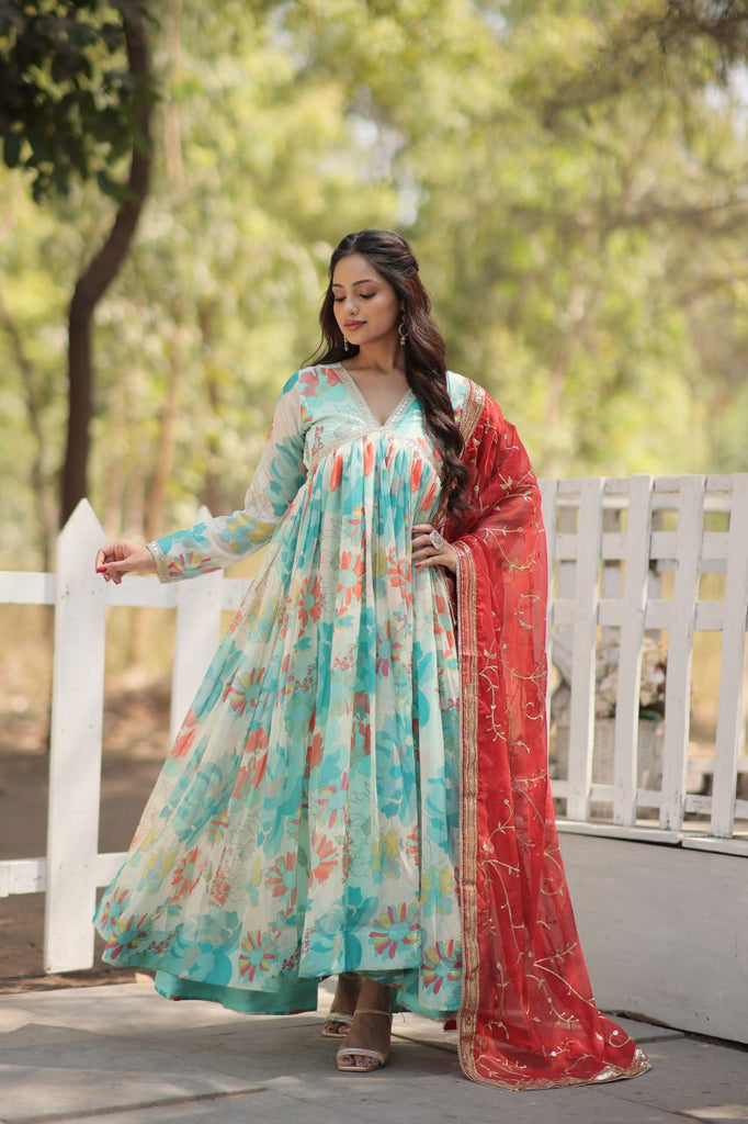 Stunning Digital Printed Russian Silk Sky Blue Dress with Embroidered Dupatta ClothsVilla