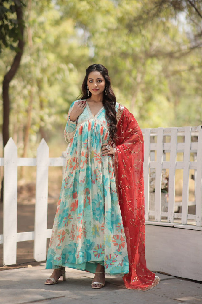 Stunning Digital Printed Russian Silk Sky Blue Dress with Em Stunning Digital Printed Russian Silk Sky Blue Dress with Em