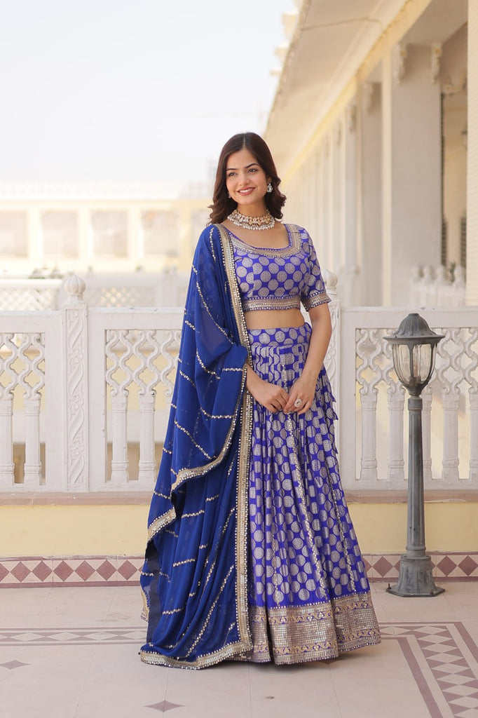 Stunning Dyeable Viscose Jacquard Blue Lehenga Set with Embroidered Sequins ClothsVilla