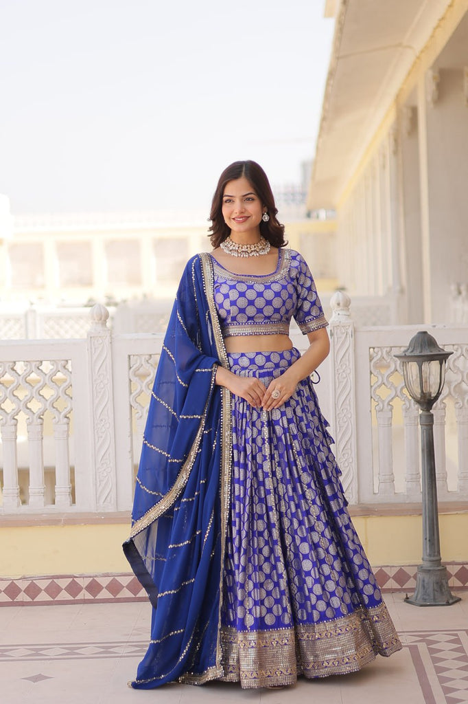 Stunning Dyeable Viscose Jacquard Blue Lehenga Set with Embroidered Sequins ClothsVilla