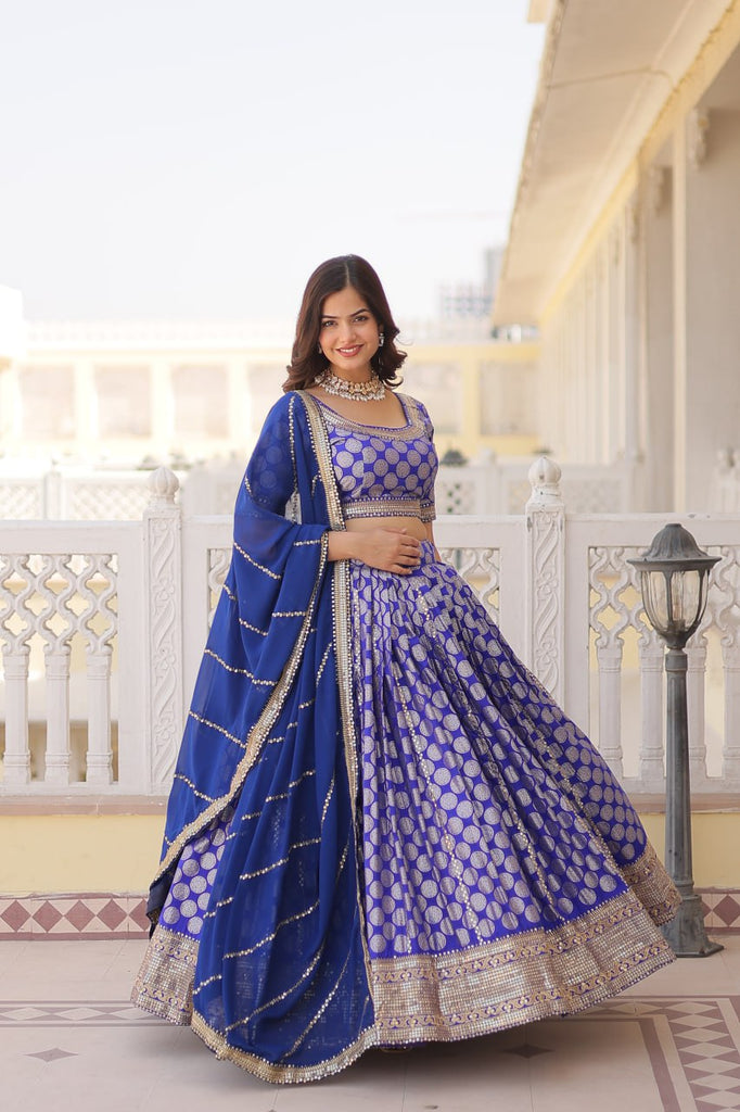 Stunning Dyeable Viscose Jacquard Blue Lehenga Set with Embroidered Sequins ClothsVilla