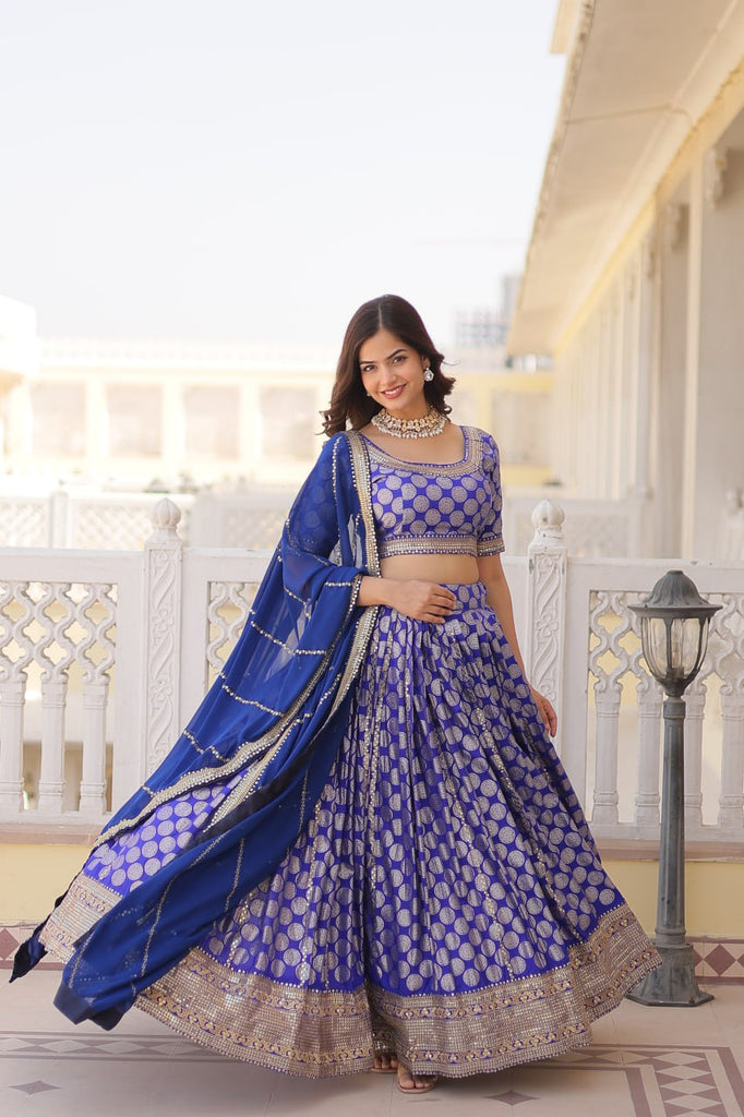 Stunning Dyeable Viscose Jacquard Blue Lehenga Set with Embroidered Sequins ClothsVilla