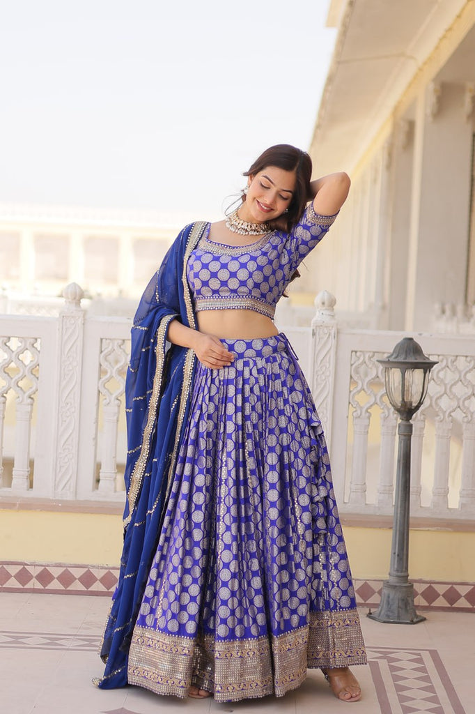 Stunning Dyeable Viscose Jacquard Blue Lehenga Set with Embroidered Sequins ClothsVilla