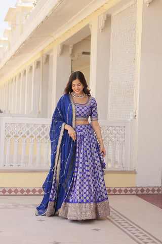 Stunning Dyeable Viscose Jacquard Blue Lehenga Set with Embroidered Sequins ClothsVilla