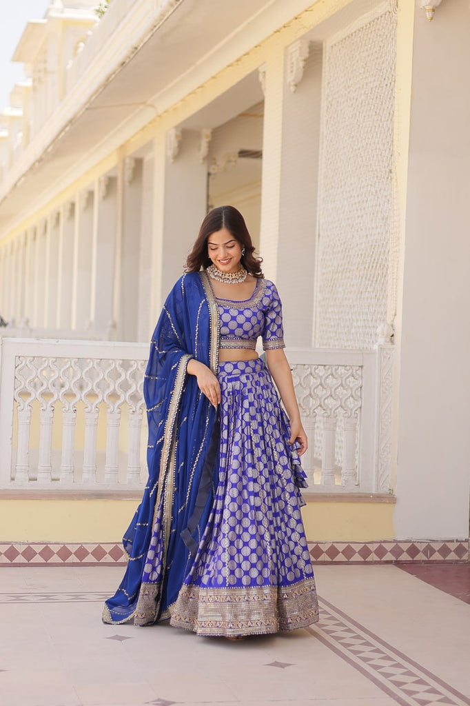 Stunning Dyeable Viscose Jacquard Blue Lehenga Set with Embroidered Sequins ClothsVilla