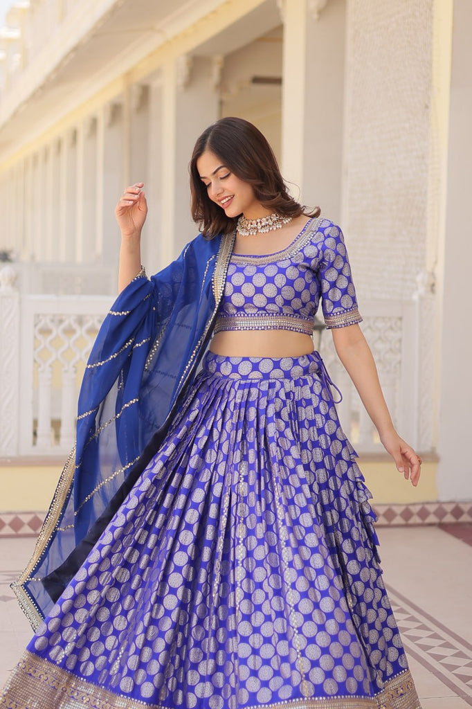 Stunning Dyeable Viscose Jacquard Blue Lehenga Set with Embroidered Sequins ClothsVilla