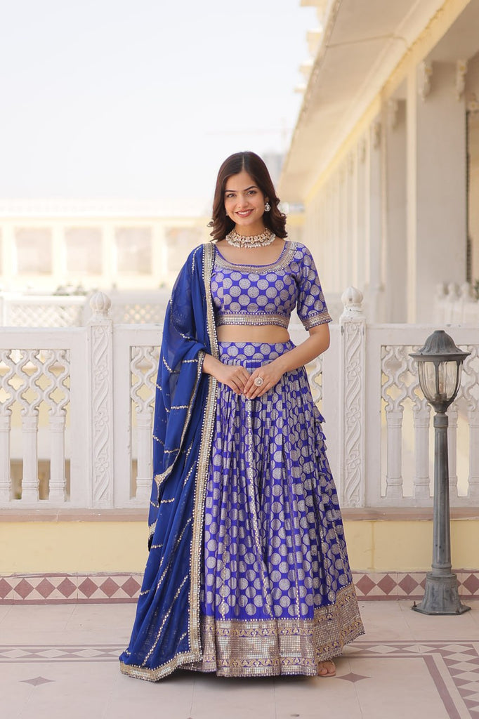 Stunning Dyeable Viscose Jacquard Blue Lehenga Set with Embroidered Sequins ClothsVilla