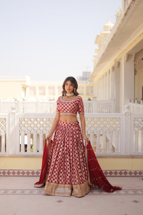 Stunning Dyeable Viscose Jacquard Red Lehenga Set with Embroidered Sequins ClothsVilla Main image