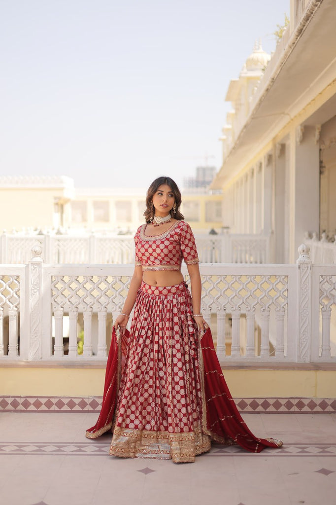 Stunning Dyeable Viscose Jacquard Red Lehenga Set with Embroidered Sequins ClothsVilla