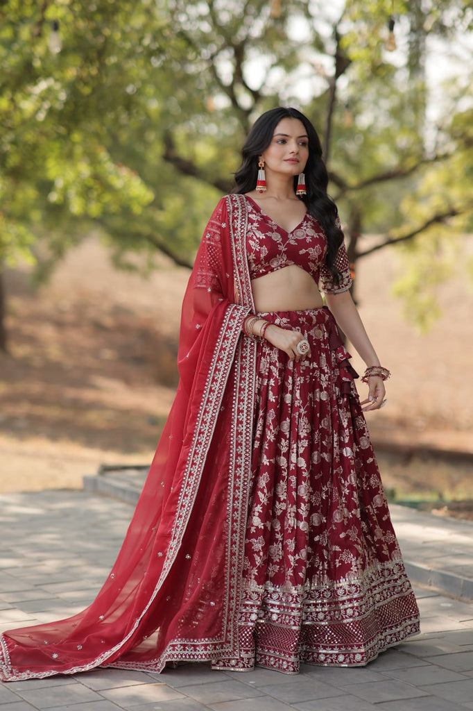 Stunning Dyeable Viscose Jacquard Red Lehenga Choli Set with Embroidered Sequins Work ClothsVilla