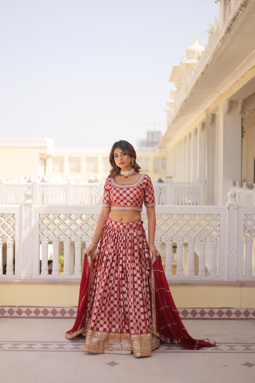 Stunning Dyeable Viscose Jacquard Red Lehenga Set with Embroidered Sequins ClothsVilla