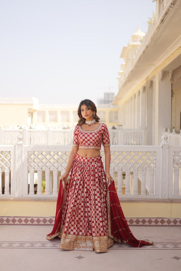 Stunning Dyeable Viscose Jacquard Red Lehenga Set with Embroidered Sequins ClothsVilla