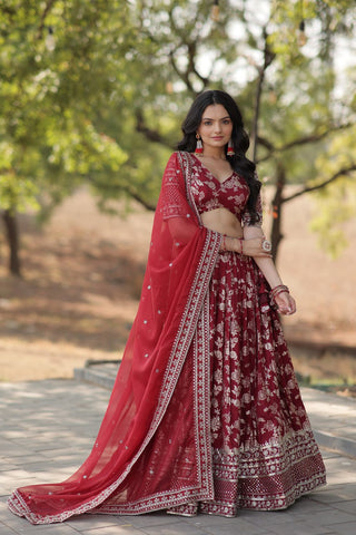 Stunning Dyeable Viscose Jacquard Red Lehenga Choli Set with Embroidered Sequins Work ClothsVilla