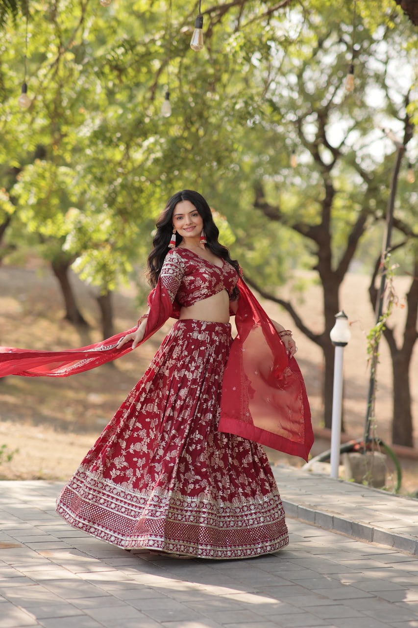 Stunning Dyeable Viscose Jacquard Red Lehenga Choli Set with Embroidered Sequins Work ClothsVilla