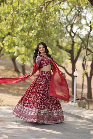 Stunning Dyeable Viscose Jacquard Red Lehenga Choli Set with Embroidered Sequins Work ClothsVilla