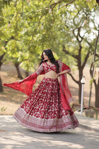 Stunning Dyeable Viscose Jacquard Red Lehenga Choli Set with Embroidered Sequins Work ClothsVilla