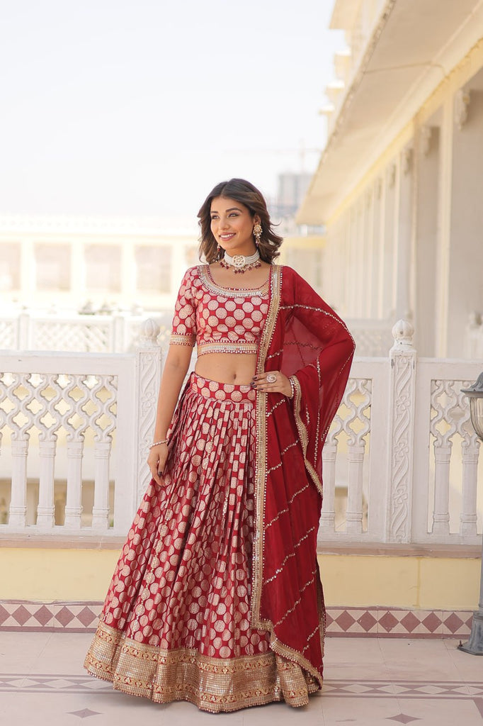 Stunning Dyeable Viscose Jacquard Red Lehenga Set with Embroidered Sequins ClothsVilla