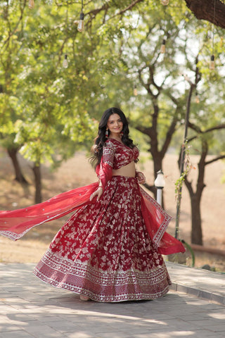 Stunning Dyeable Viscose Jacquard Red Lehenga Choli Set with Embroidered Sequins Work ClothsVilla