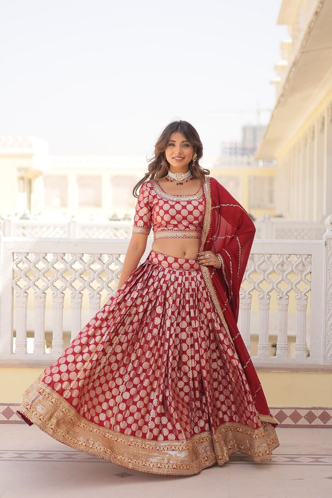 Stunning Dyeable Viscose Jacquard Red Lehenga Set with Embroidered Sequins ClothsVilla