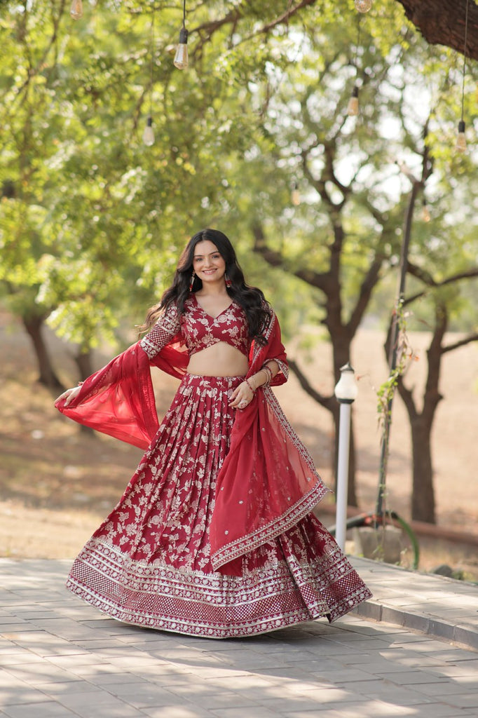 Stunning Dyeable Viscose Jacquard Red Lehenga Choli Set with Embroidered Sequins Work ClothsVilla