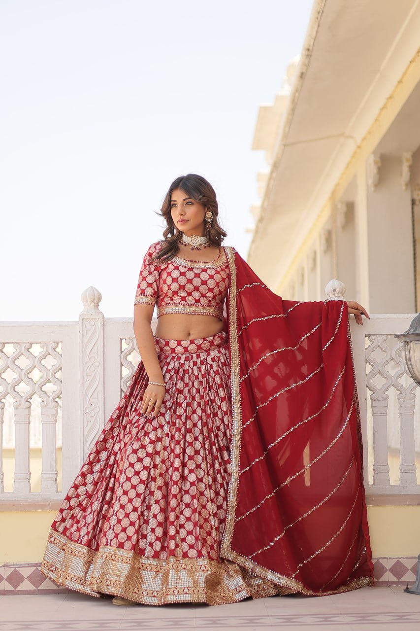 Stunning Dyeable Viscose Jacquard Red Lehenga Set with Embroidered Sequins ClothsVilla