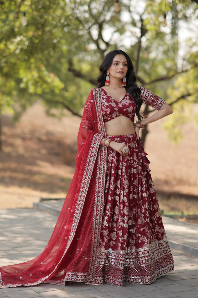 Stunning Dyeable Viscose Jacquard Red Lehenga Choli Set with Embroidered Sequins Work ClothsVilla