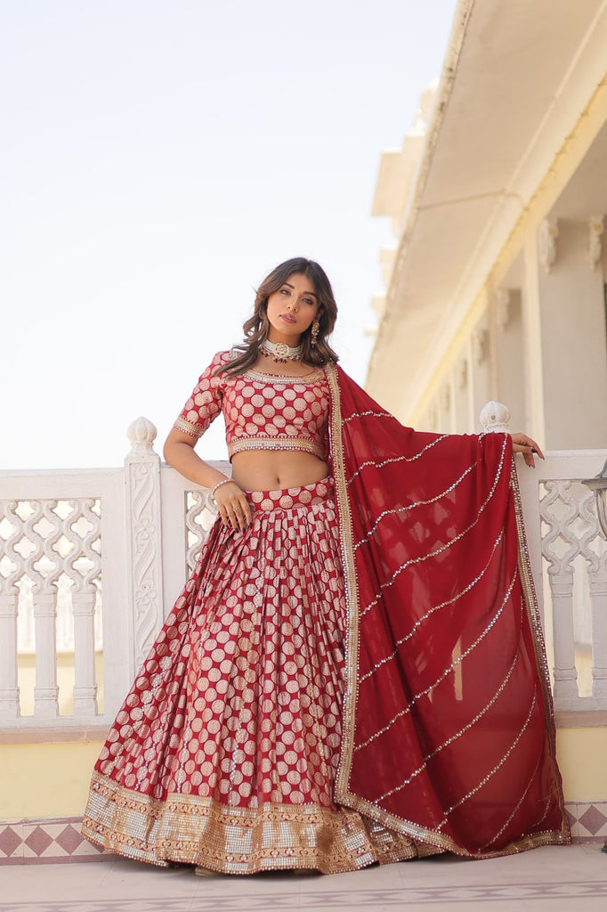 Stunning Dyeable Viscose Jacquard Red Lehenga Set with Embroidered Sequins ClothsVilla