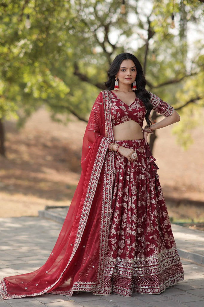 Stunning Dyeable Viscose Jacquard Red Lehenga Choli Set with Embroidered Sequins Work ClothsVilla