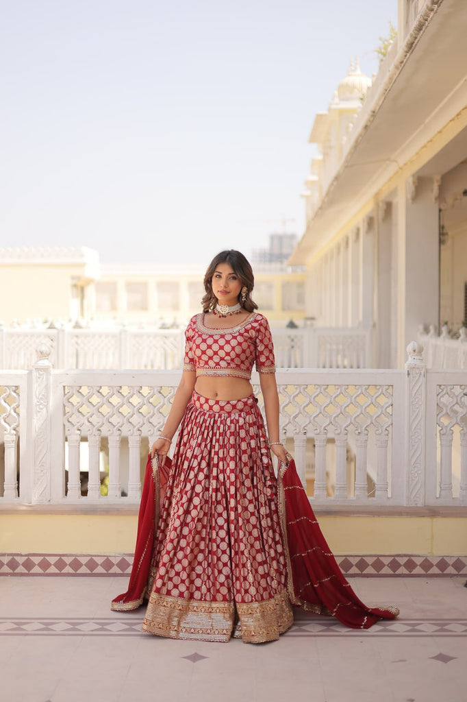 Stunning Dyeable Viscose Jacquard Red Lehenga Set with Embroidered Sequins ClothsVilla