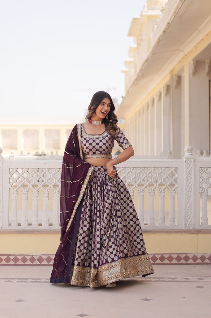 Stunning Dyeable Viscose Jacquard Wine Lehenga Set with Embroidered Sequins ClothsVilla