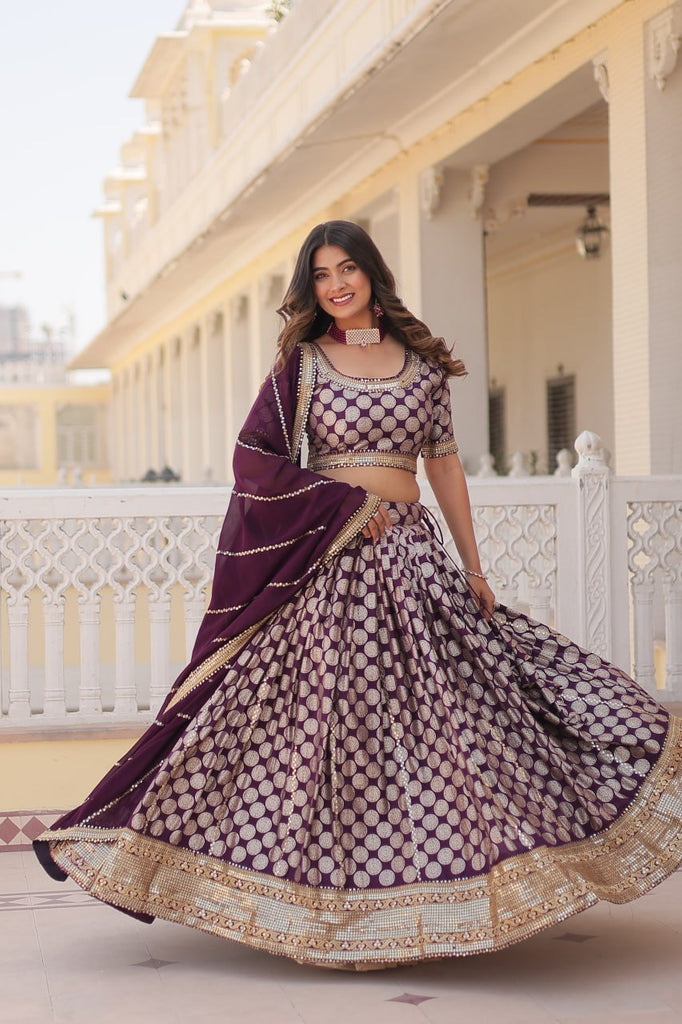 Stunning Dyeable Viscose Jacquard Wine Lehenga Set with Embroidered Sequins ClothsVilla