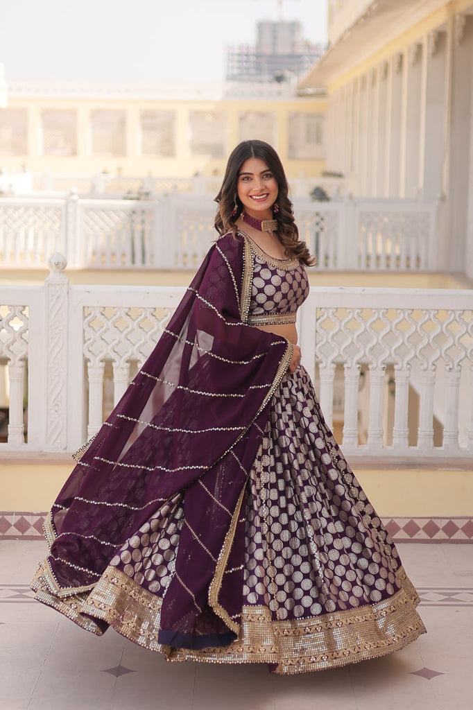 Stunning Dyeable Viscose Jacquard Wine Lehenga Set with Embroidered Sequins ClothsVilla